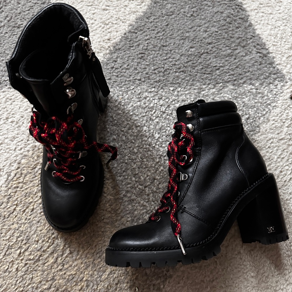 Black Leather Ankle Boots with Red Laces